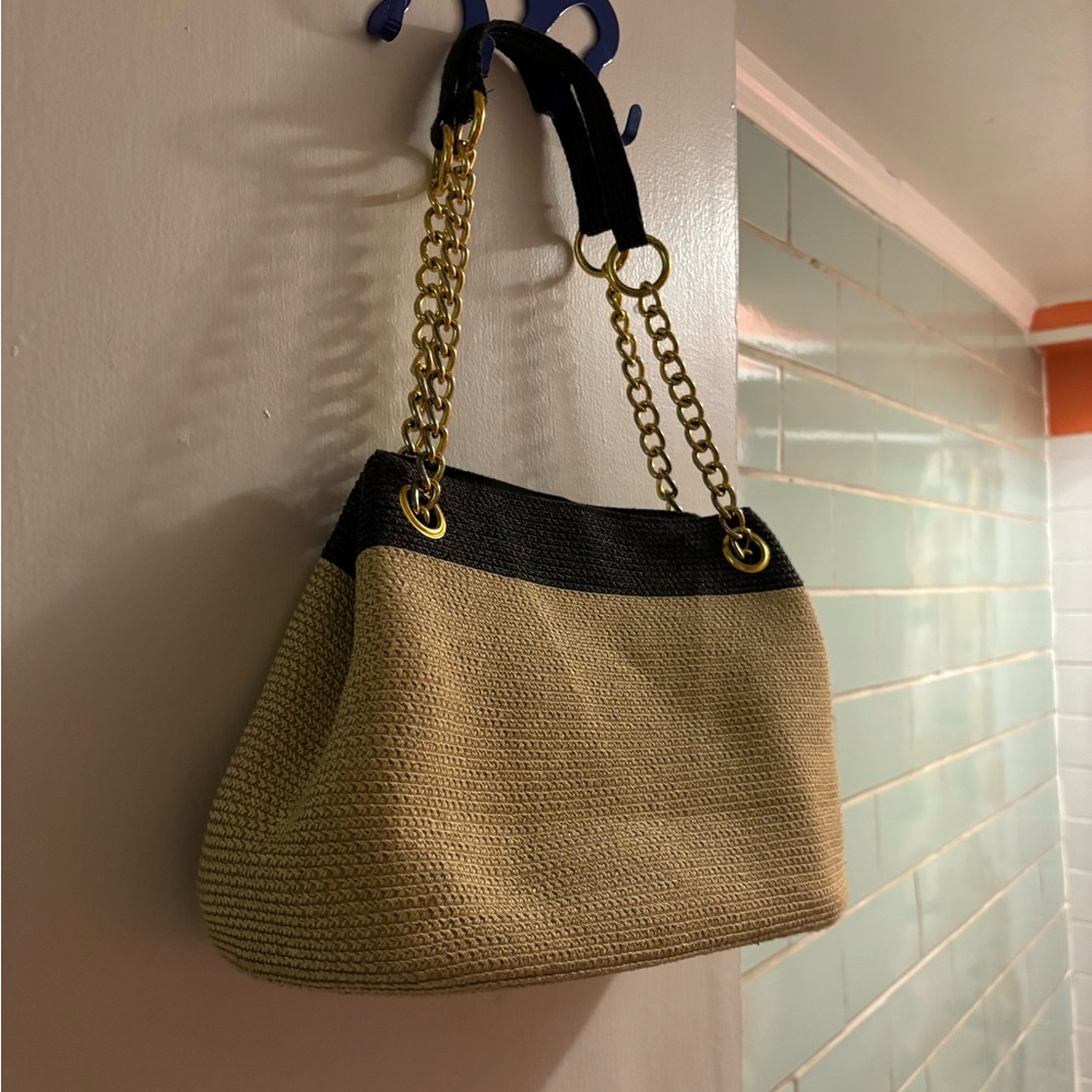 Black and Beige Tote with Gold Chain Detail